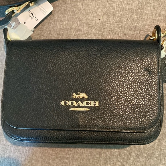 NWT Black Coach Messenger Black pebble leather with signature dark brown strap. - Picture 2 of 15
